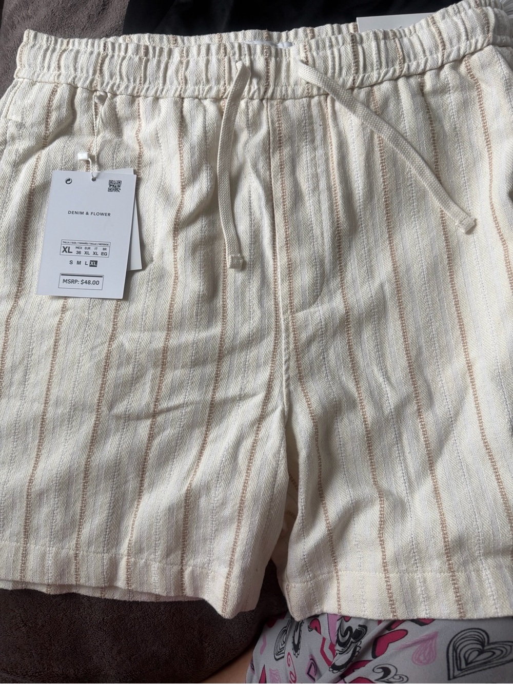 Denim & Flower Cream Shorts with Tan Pinstripes